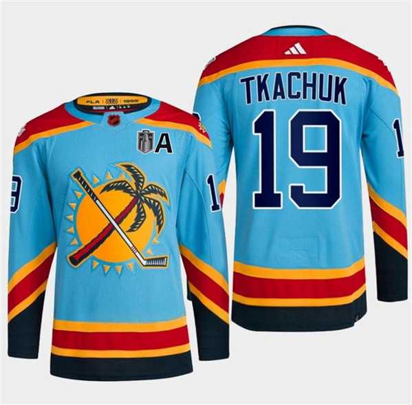 Mens Florida Panthers #19 Matthew Tkachuk Blue 2024 Stanley Cup Final Patch Reverse Retro Stitched Jersey Dzhi